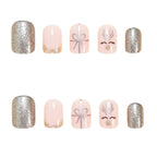 Christmas Short Square Press On Nails – Gold Bow & Reindeer Design