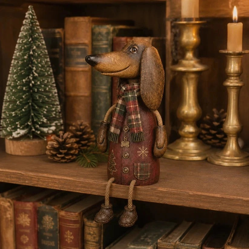 Vintage Christmas Dachshund Shelf Sitter – Farmhouse Holiday Decor