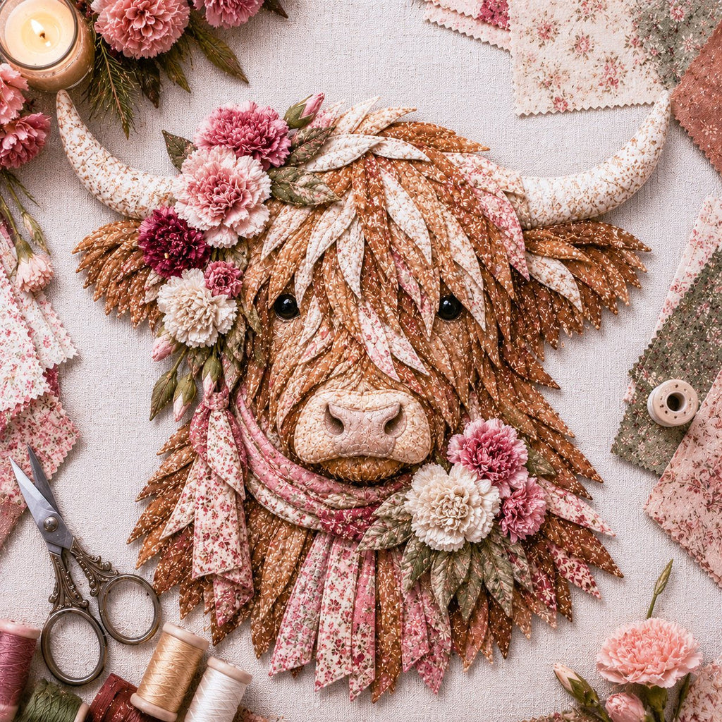 Birth Flower Highland Cow 3D Layered Fabric Art DIY Kit