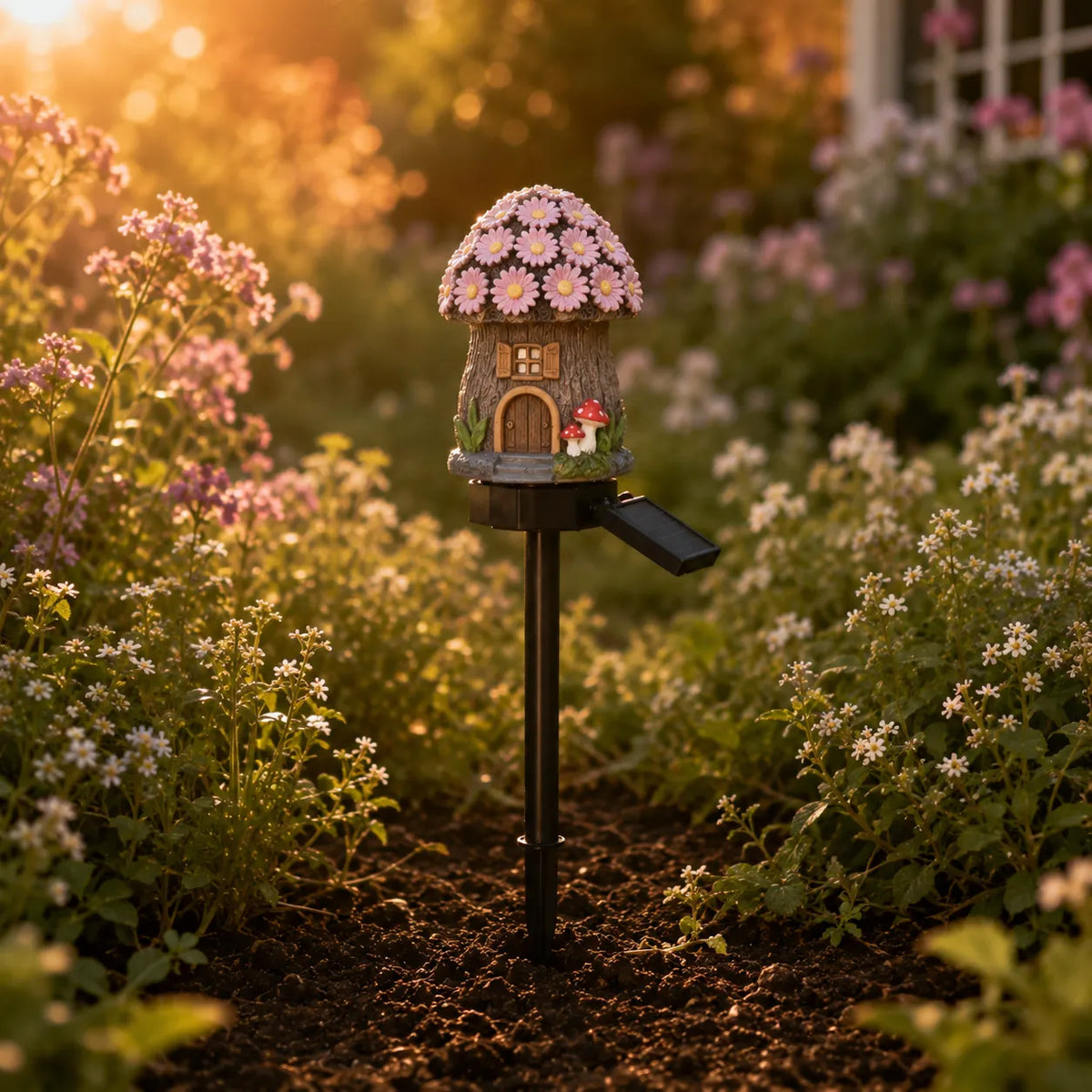 Solar Fairy Cottage Garden Stake Light with Warm LED & Hand-Sculpted Resin