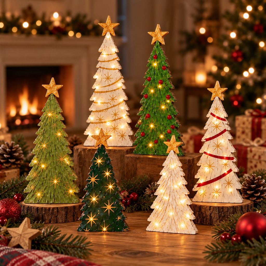 Vintage Lighted Wooden Christmas Trees – Set of 6