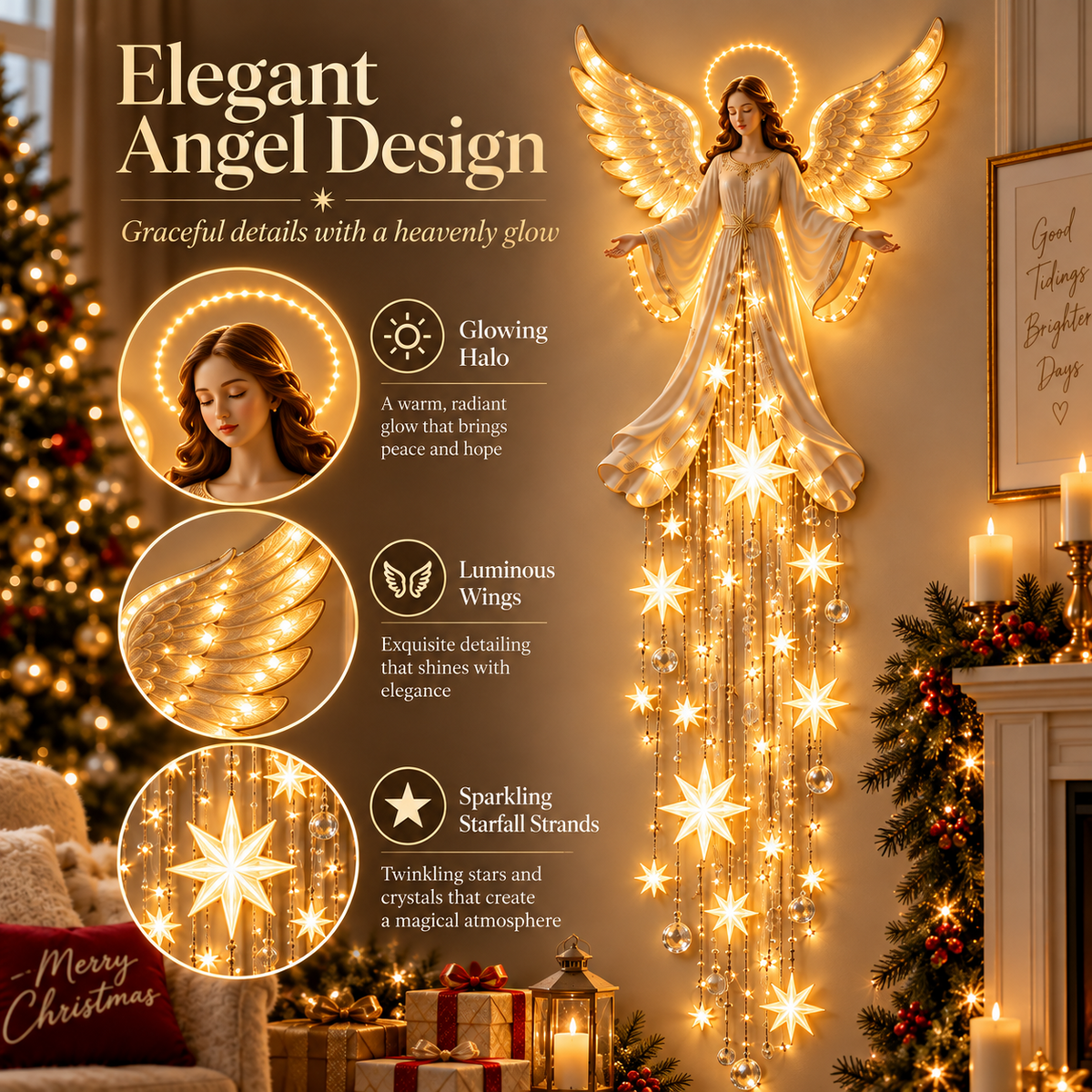 Lighted Christmas Angel Wall Decor – Glowing Star Cascade Holiday Decoration