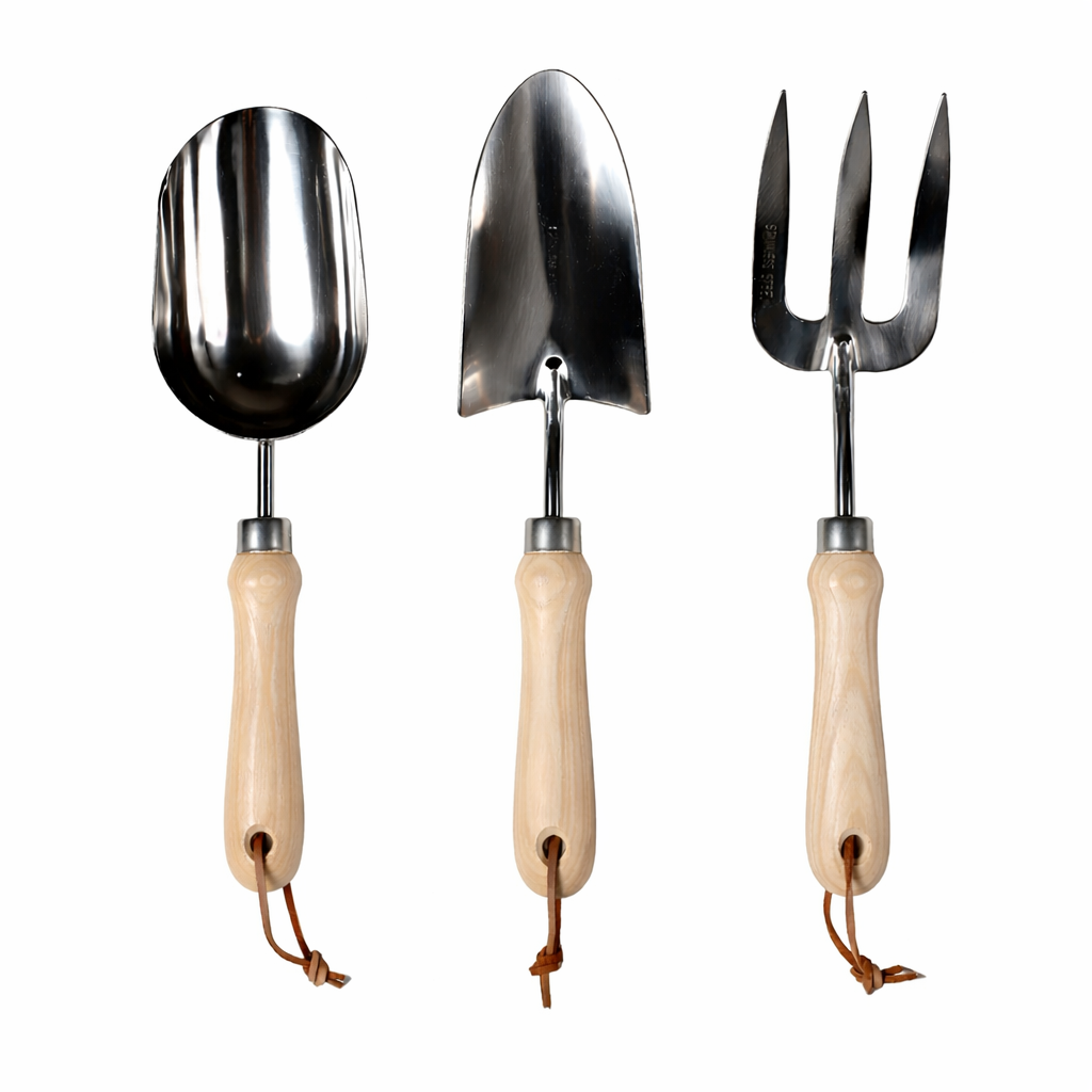 3-Piece Stainless Steel Garden Tool Set with Wooden Handles: Trowel, Fork, Multitool