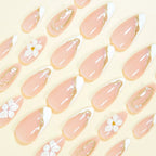 White French 3D Floral Gold Line Almond Press On Nails | 24 Count