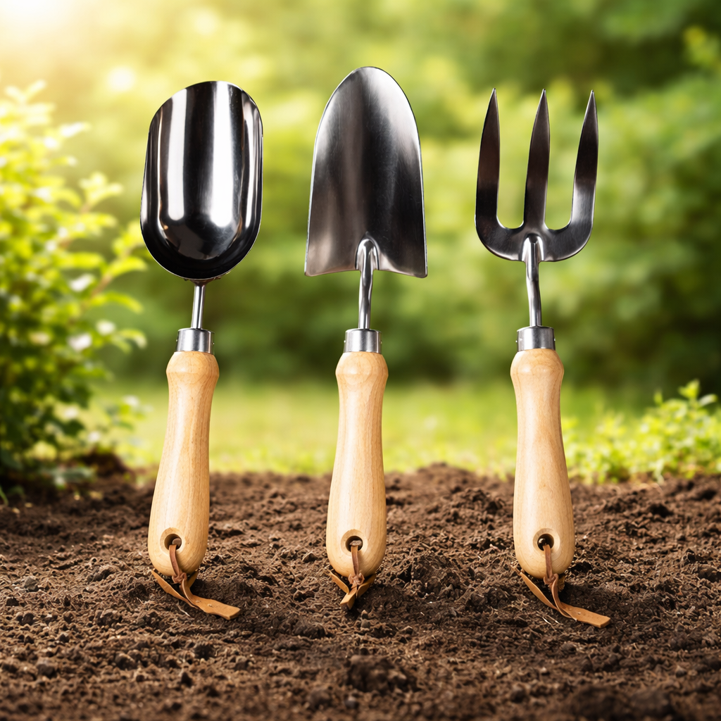 3-Piece Stainless Steel Garden Tool Set with Wooden Handles: Trowel, Fork, Multitool