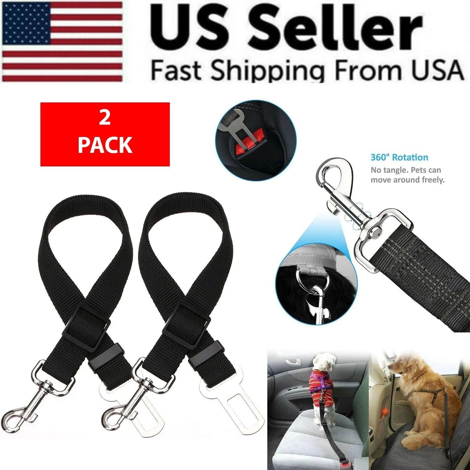 Pet Car Seat Belt 2-Pack, Adjustable