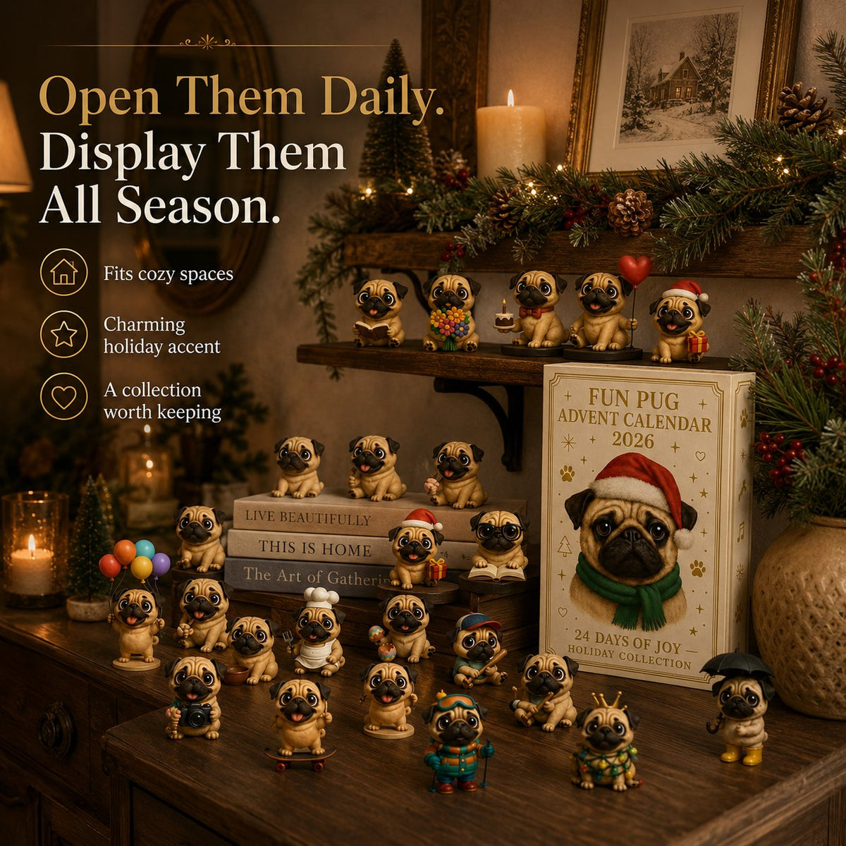 24-Day Pug Christmas Surprise Advent Calendar | 24 Unique Mini Pug Figures for Daily Holiday Reveals, Collecting & Display