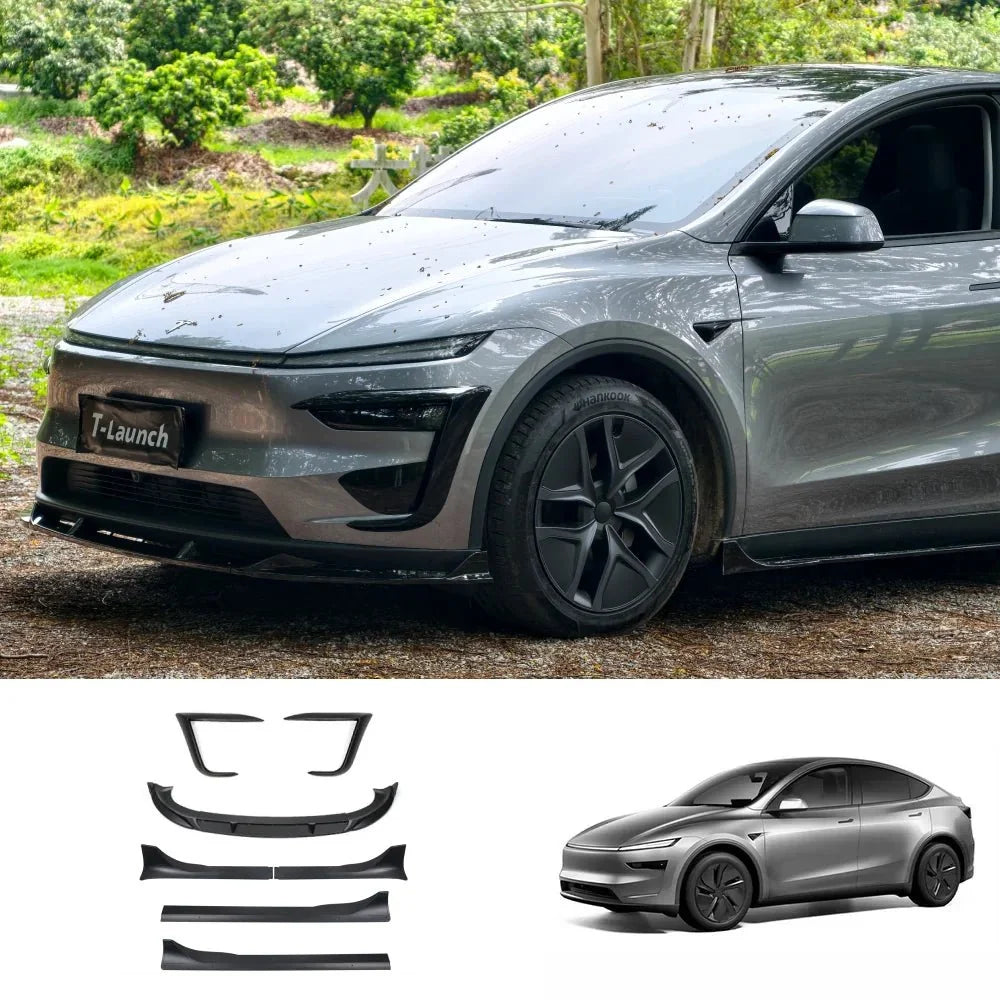 3-Piece Front Lip Spoiler & Fog Light Trim & Split-Type Side Skirts for Tesla Model Y Juniper 2025+