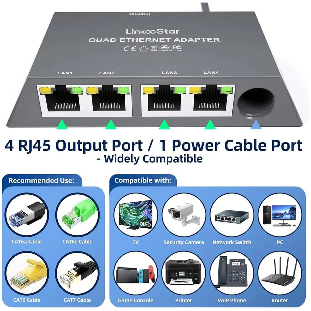 4-Port Ethernet Adapter for Starlink Gen 3 / Mini – Connect Up to 4 Devices