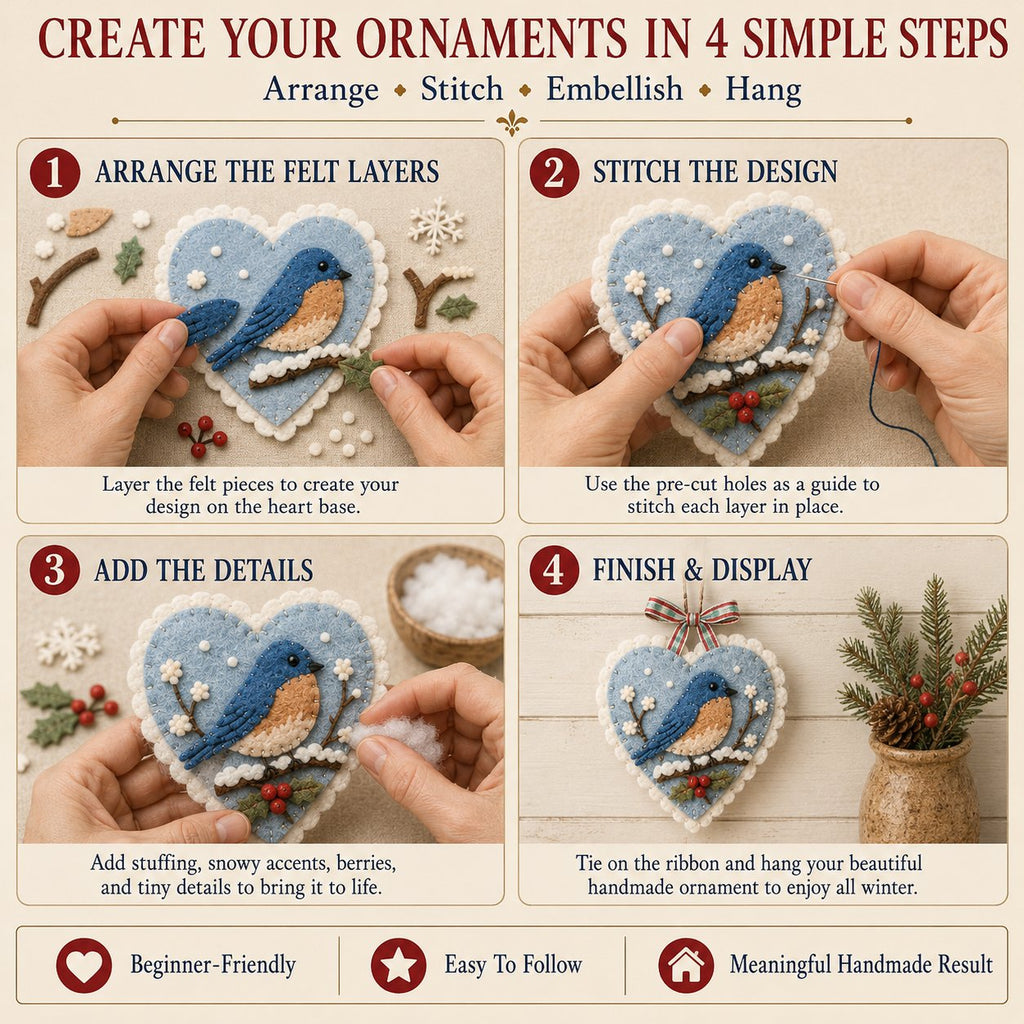 Beginner-Friendly Winter Bird Felt Heart Ornament Sewing Kit Collection