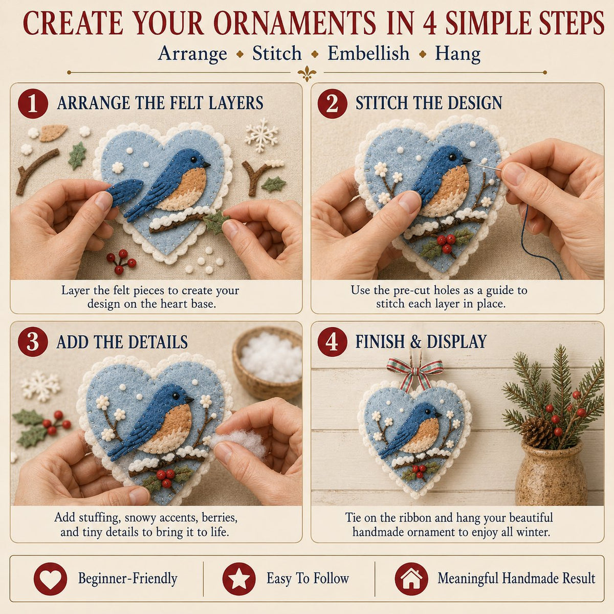 Beginner-Friendly Winter Bird Felt Heart Ornament Sewing Kit Collection