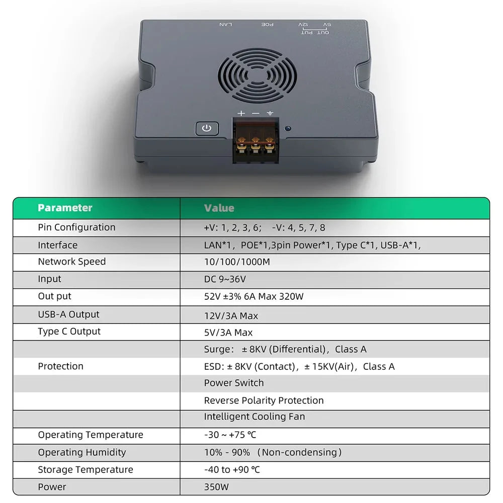 5-in-1 PoE Injector for Starlink Performance Gen 3, 350W Passive PoE, 9–36V DC Step-Up Converter, ESD Protection