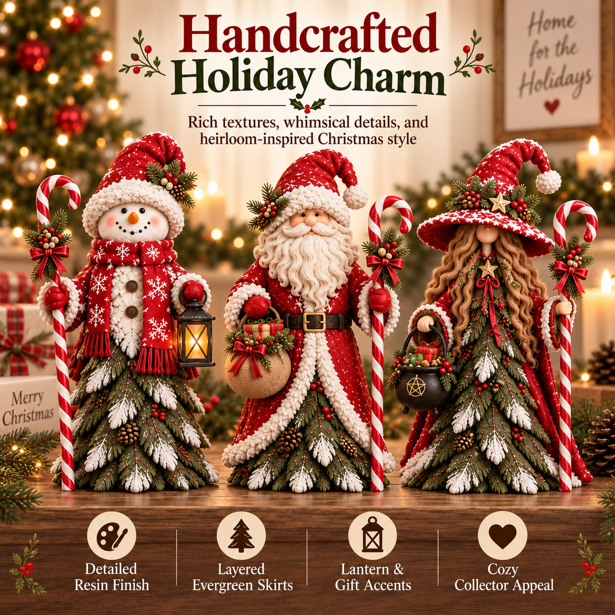 Christmas Enchanted Trio – Santa, Snowman & Holiday Witch Figurine