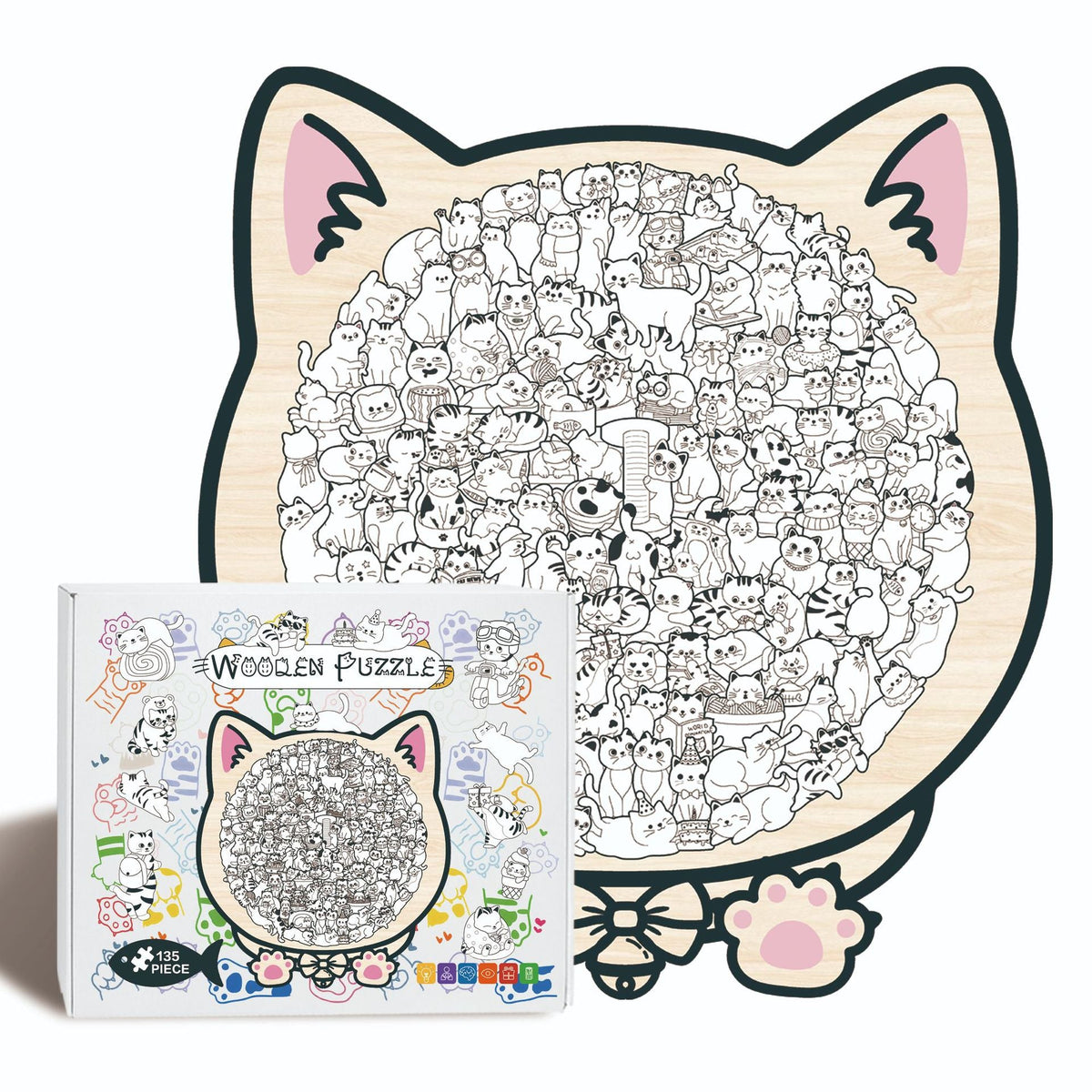 Morandi Colored Cat Shaped Wooden Jigsaw Puzzle