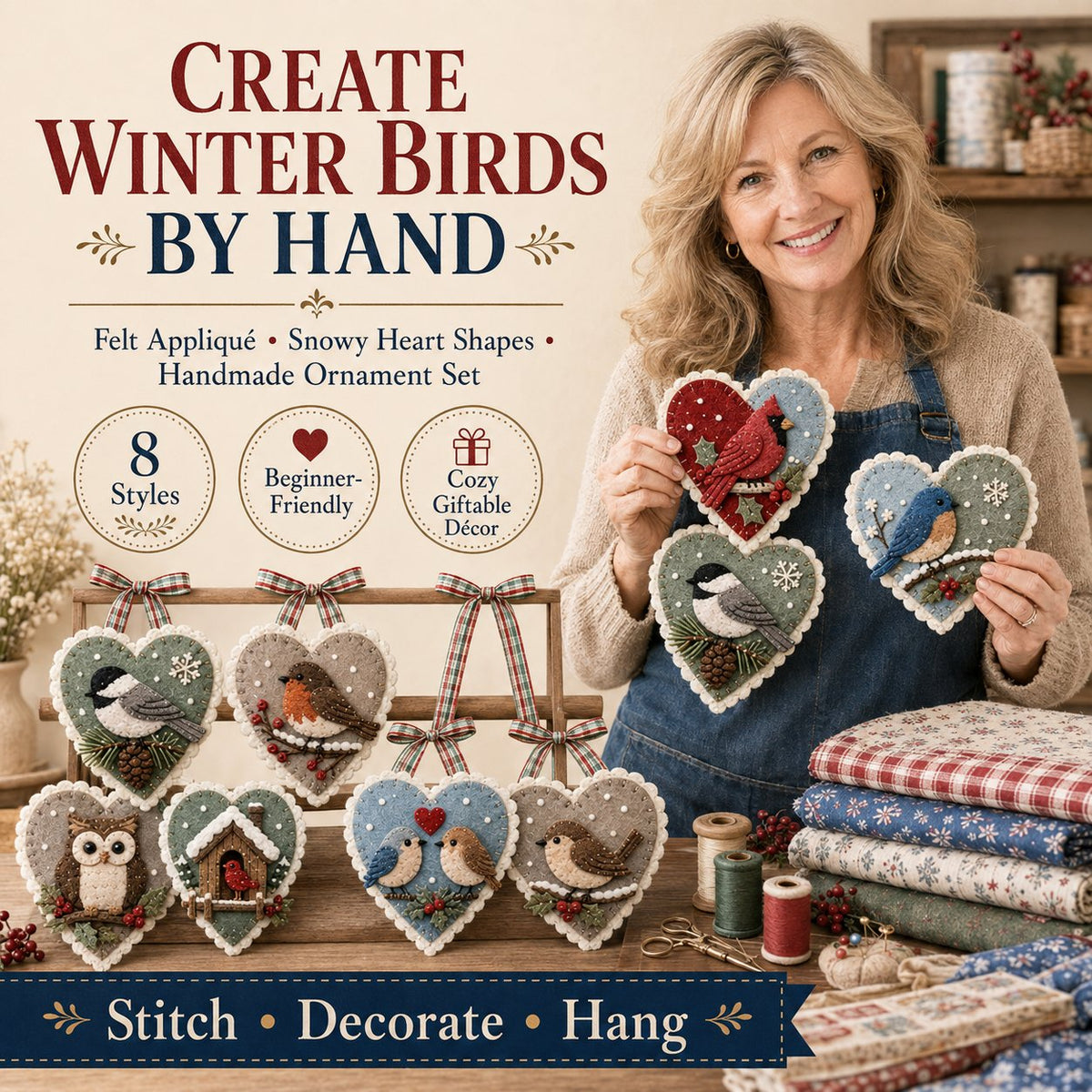 Beginner-Friendly Winter Bird Felt Heart Ornament Sewing Kit Collection
