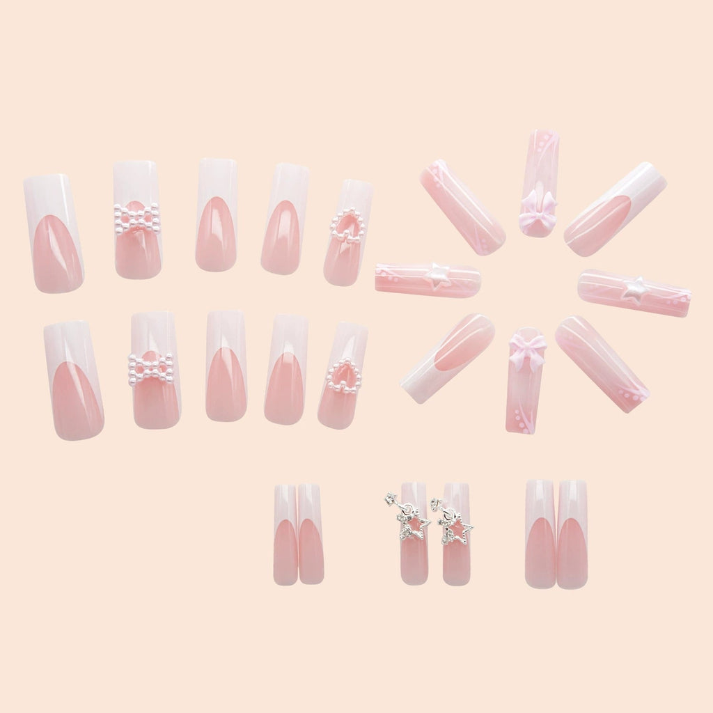 24-Piece Pink French Bow, Pearl Heart & Star Long Coffin Press-On Nails