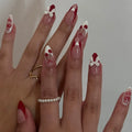 Cherry French Press-On Nails with 3D Bows & Hearts – Medium Short