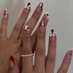 Cherry French Press-On Nails with 3D Bows & Hearts – Medium Short