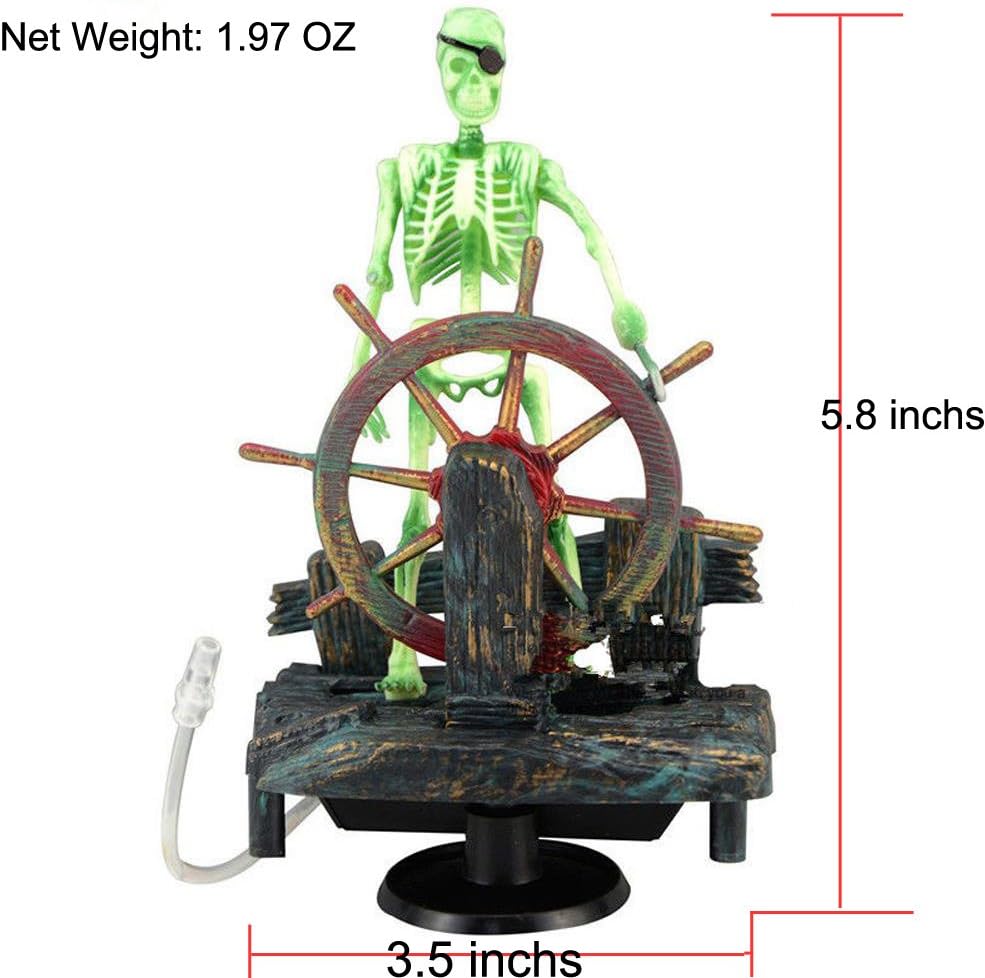 Skeleton Pirate Aquarium Bubbler, Air-Driven Moving Fish Tank Ornament with Ship Wheel, Air Pump Not Included