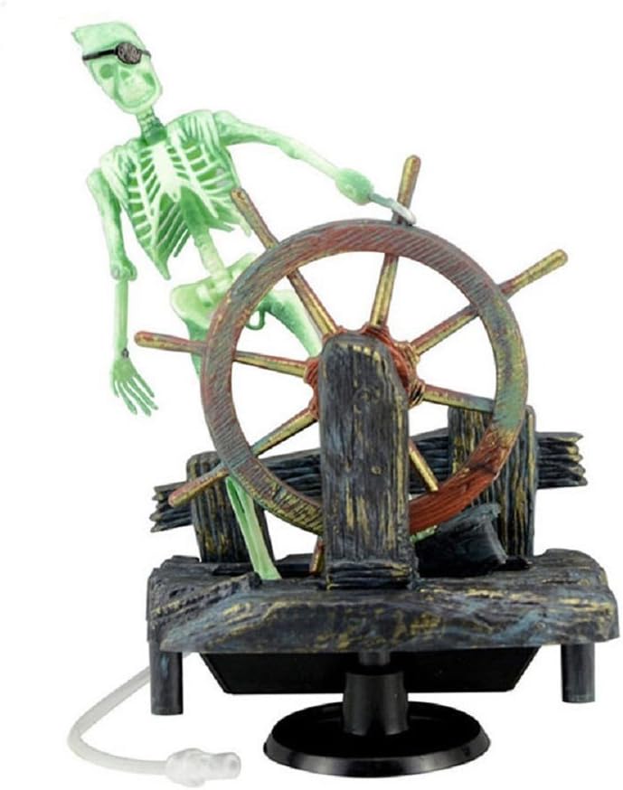 Skeleton Pirate Aquarium Bubbler, Air-Driven Moving Fish Tank Ornament with Ship Wheel, Air Pump Not Included