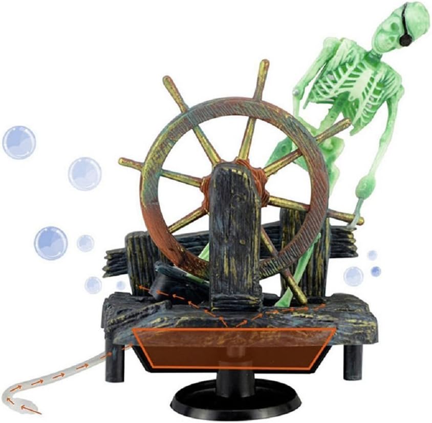 Skeleton Pirate Aquarium Bubbler, Air-Driven Moving Fish Tank Ornament with Ship Wheel, Air Pump Not Included