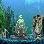Skeleton Pirate Aquarium Bubbler, Air-Driven Moving Fish Tank Ornament with Ship Wheel, Air Pump Not Included