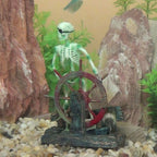 Skeleton Pirate Aquarium Bubbler, Air-Driven Moving Fish Tank Ornament with Ship Wheel, Air Pump Not Included