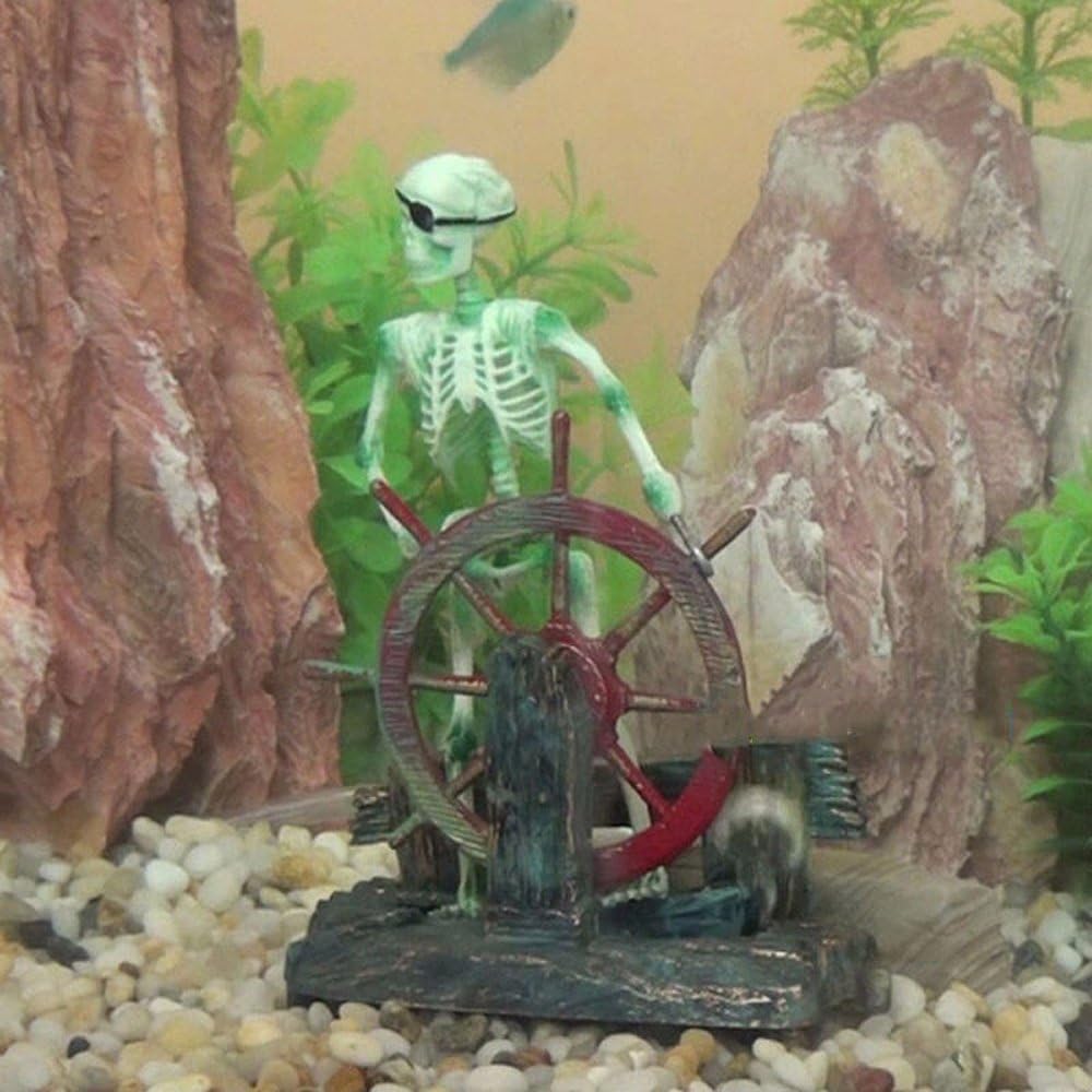 Skeleton Pirate Aquarium Bubbler, Air-Driven Moving Fish Tank Ornament with Ship Wheel, Air Pump Not Included