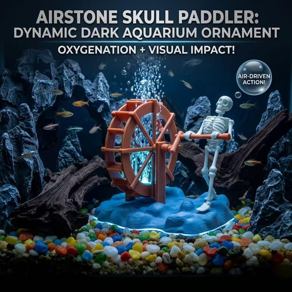 Dynamic Skeleton Aquarium Bubbler with Water Wheel, Air-Driven Moving Fish Tank Ornament, Halloween Aquarium Decoration, 1 Pc