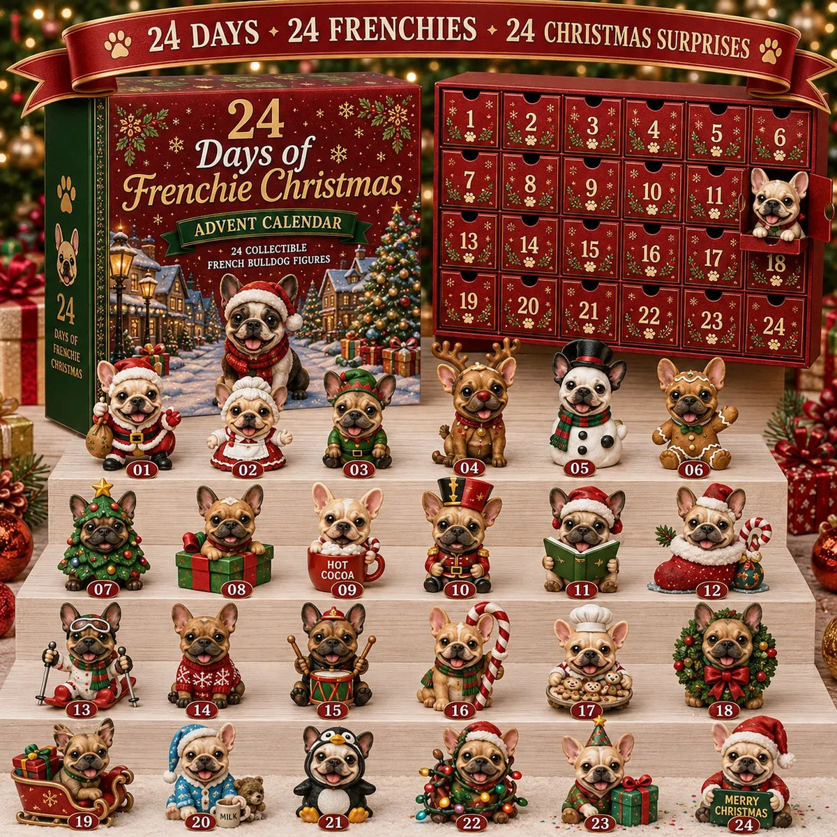 24-Day French Bulldog Christmas Advent Calendar | 24 Unique Collectible Frenchie Characters with Different Outfits, Personalities & Daily Holiday Surprises