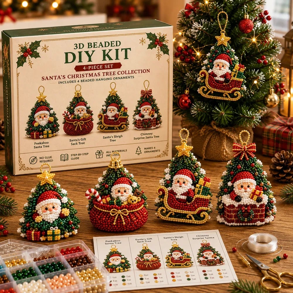 Beginner-Friendly DIY 3D Christmas Beaded Ornament Kit | Complete 4-Piece Set with Glass Beads, All Tools & Step-by-Step Guide Included