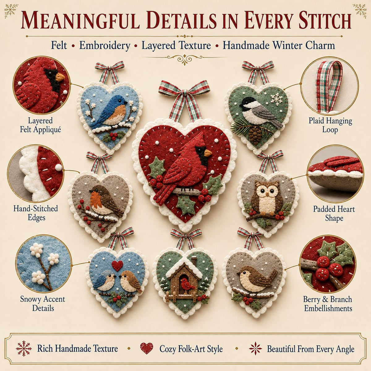 Beginner-Friendly Winter Bird Felt Heart Ornament Sewing Kit Collection