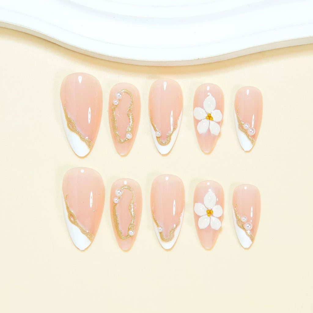 White French 3D Floral Gold Line Almond Press On Nails | 24 Count