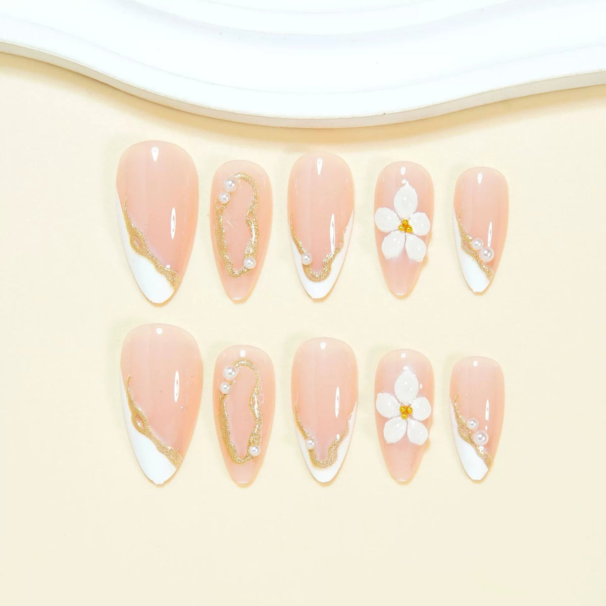 White French 3D Floral Gold Line Almond Press On Nails | 24 Count