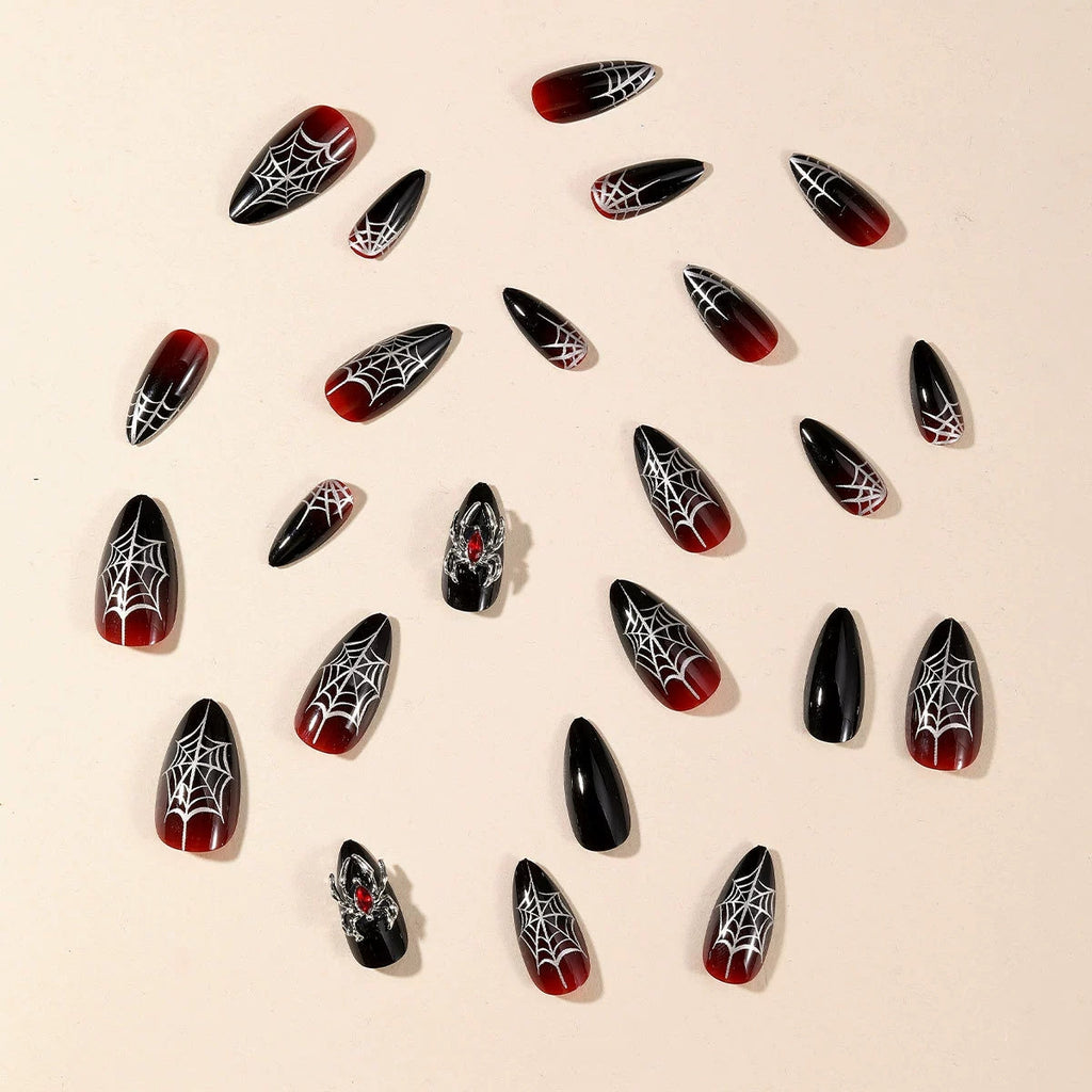 Halloween Black-and-Red Spiderweb Medium Almond Press-On Nails, 24-Pc