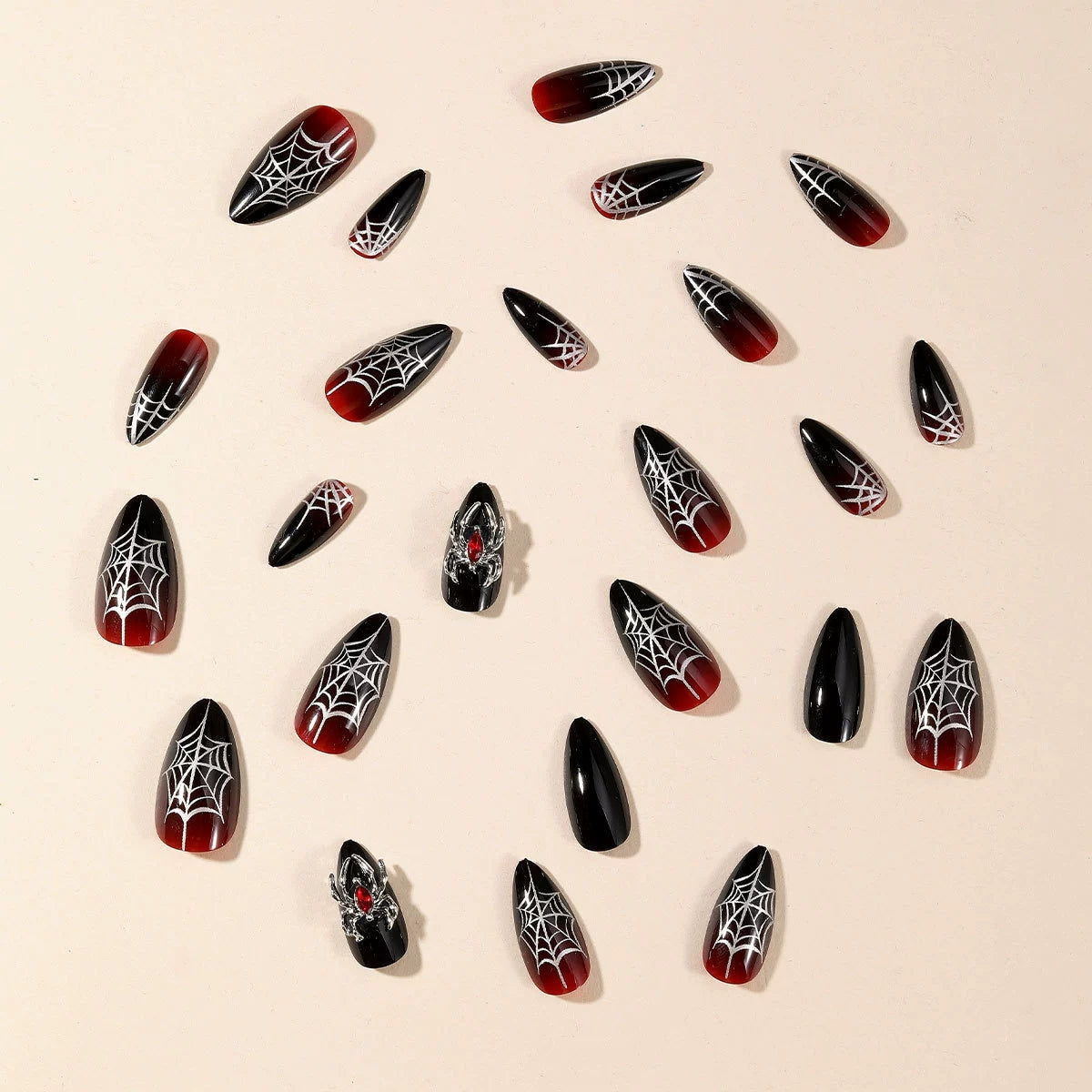 Halloween Black-and-Red Spiderweb Medium Almond Press-On Nails, 24-Pc