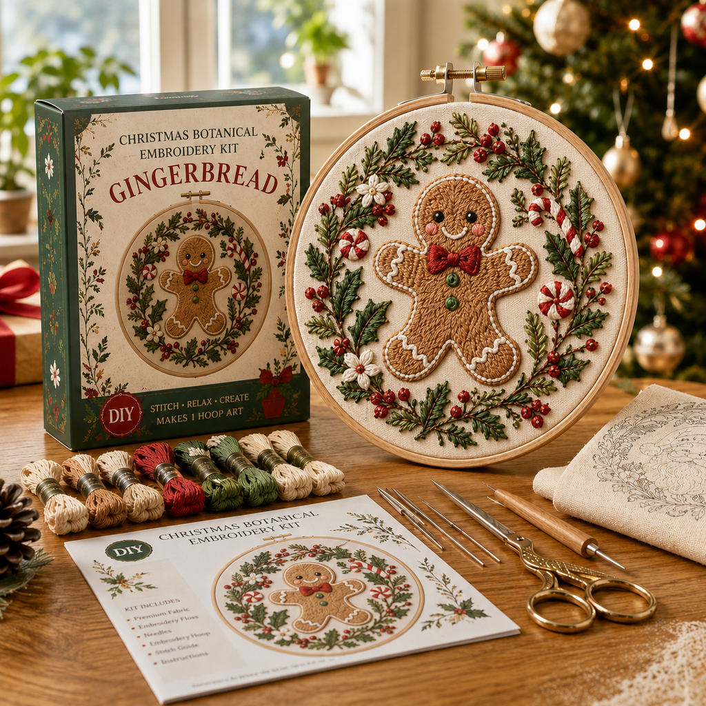 Christmas Botanical Embroidery Kit – Festive DIY Hoop Art Collection