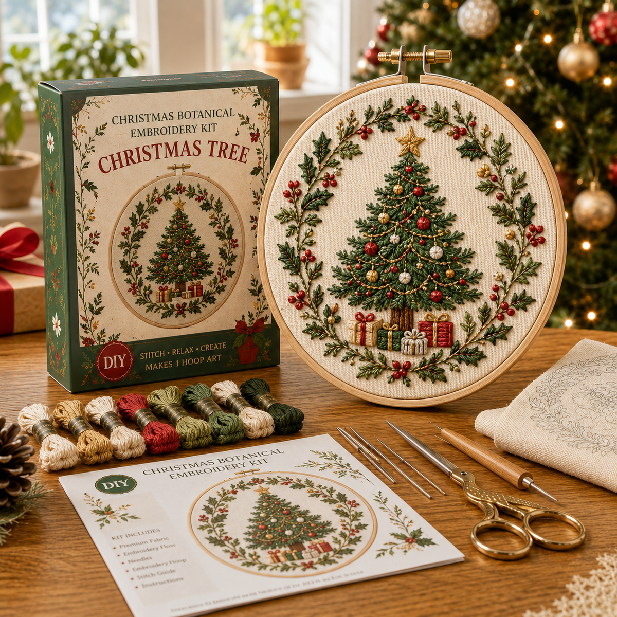 Christmas Botanical Embroidery Kit – Festive DIY Hoop Art Collection