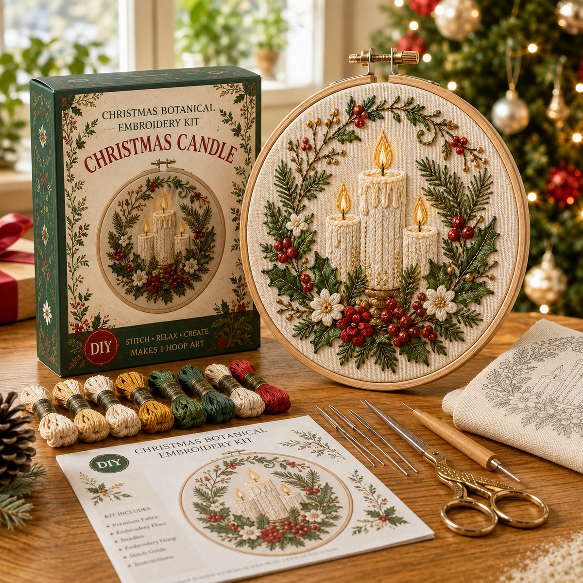 Christmas Botanical Embroidery Kit – Festive DIY Hoop Art Collection