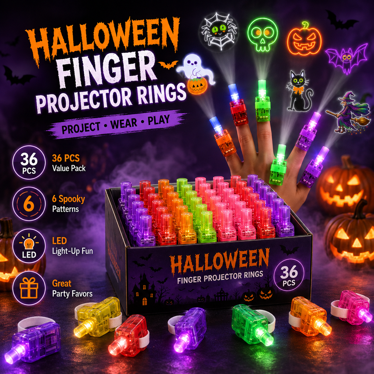 👻🎃 Halloween Finger Projector Rings – LED Party Favors for Kids