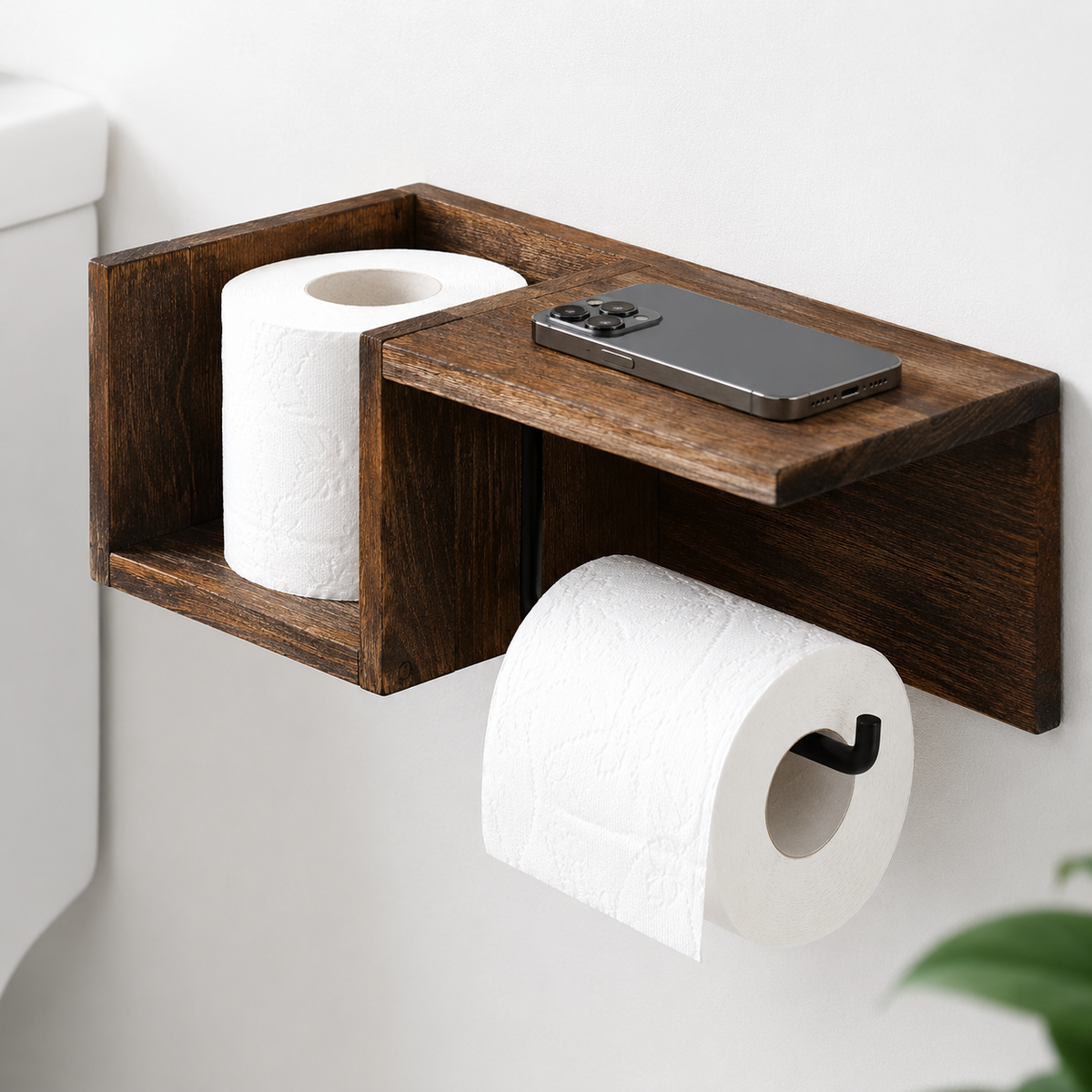 1Wall-Mounted Wooden Toilet Paper Shelf Organizer with Metal Roll Holder and Storage Cubby Miroken