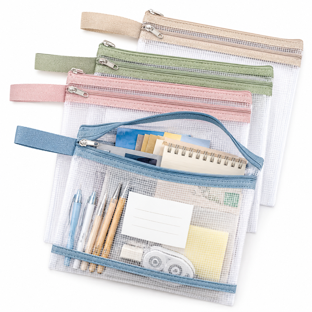 1Transparent Mesh Zipper Pouch Set with Wrist Strap Stationery Organizer Miroken