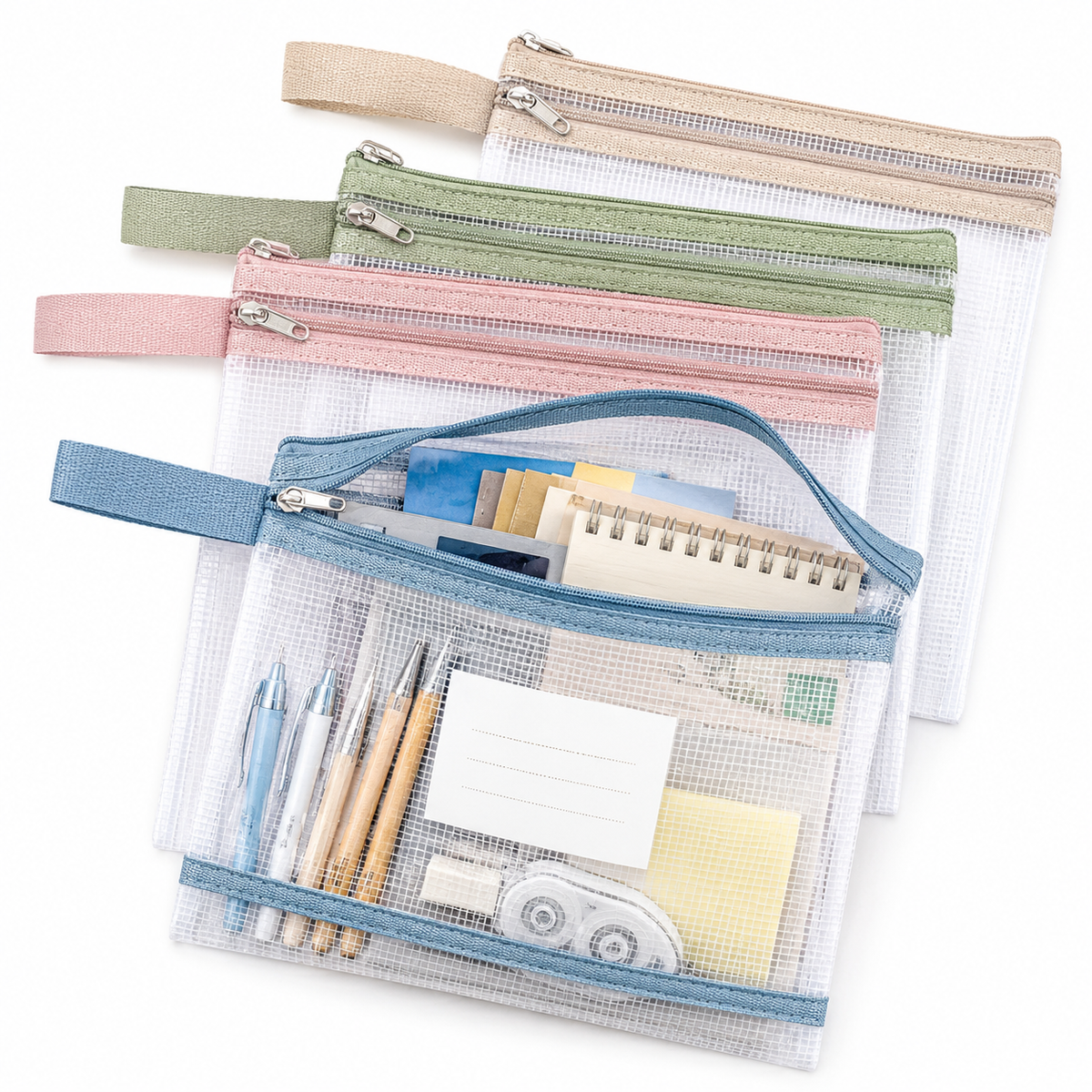 1Transparent Mesh Zipper Pouch Set with Wrist Strap Stationery Organizer Miroken