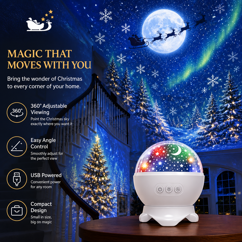 ❤️Christmas Sky Projector – 360° Snow & Santa Light Show