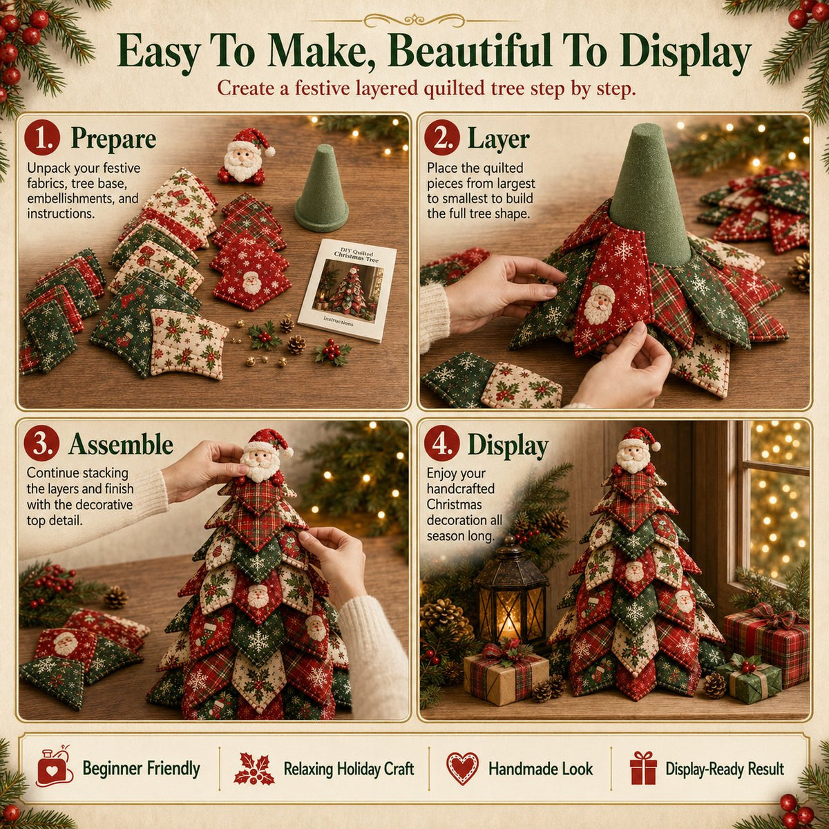 🎅 Santa Claus Patchwork Tree Quilt Kit – Easy Layered Fabric Holiday Décor