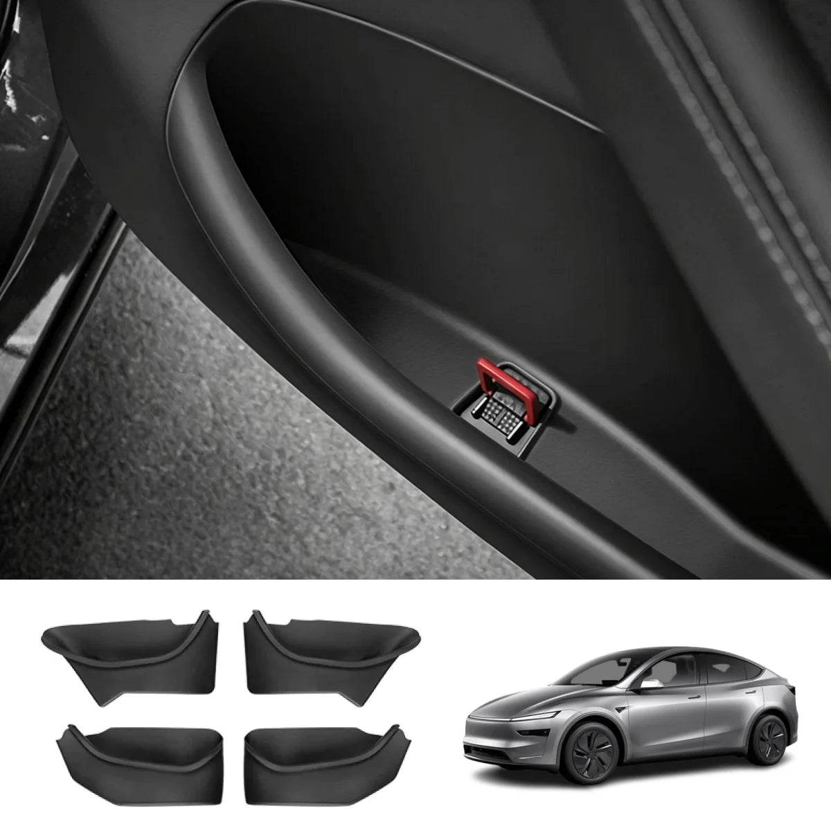 TPE Door Pocket Storage Box with Emergency Release Pull Ring for Tesla Model Y/Y L 2025+