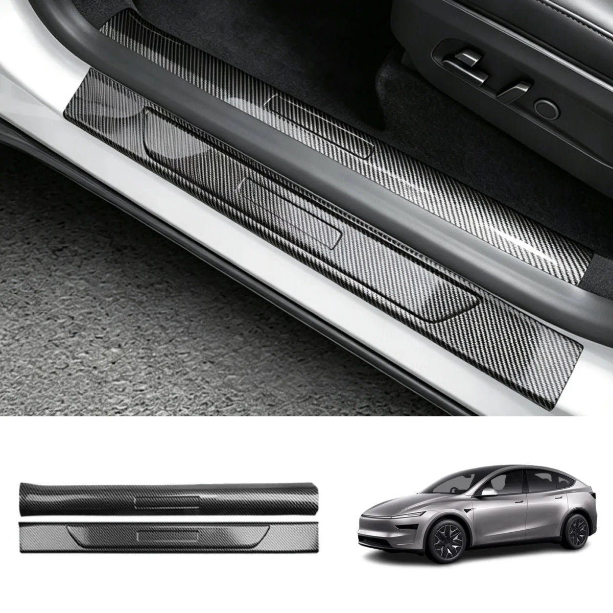 Carbon Fiber Style Door Sill Protectors for Tesla Model Y L 2026+