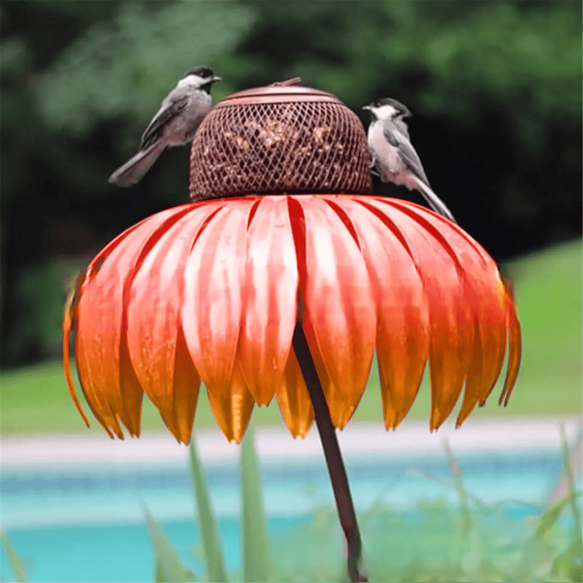 Metal Sunflower Bird Feeder with Garden Stake, Pink Flower Design