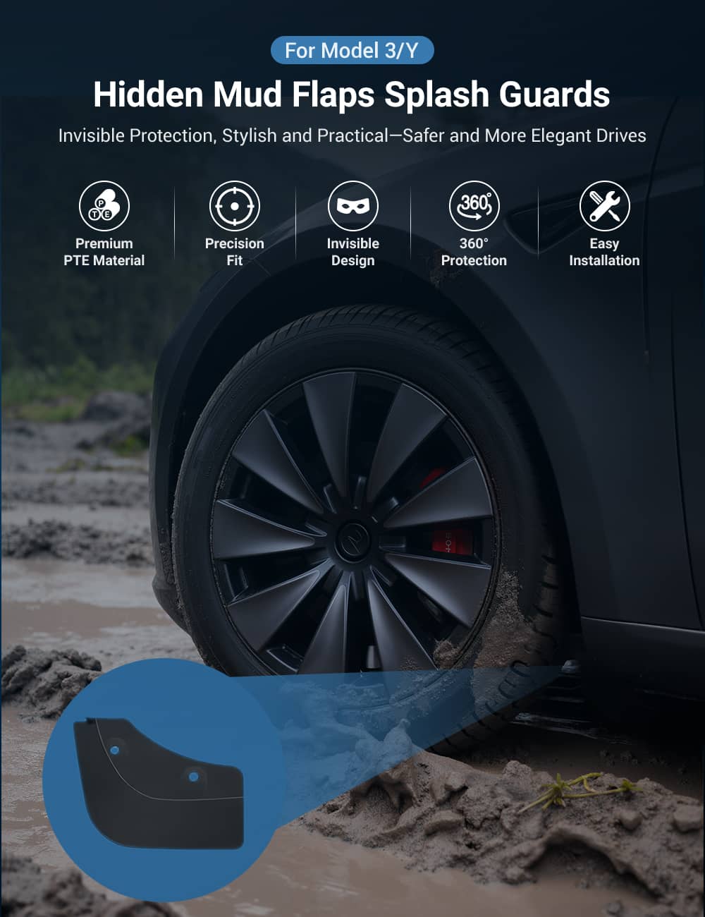 Miroken Hidden Mud Flaps Splash Guards for Model 3 Highland / Model Y Juniper