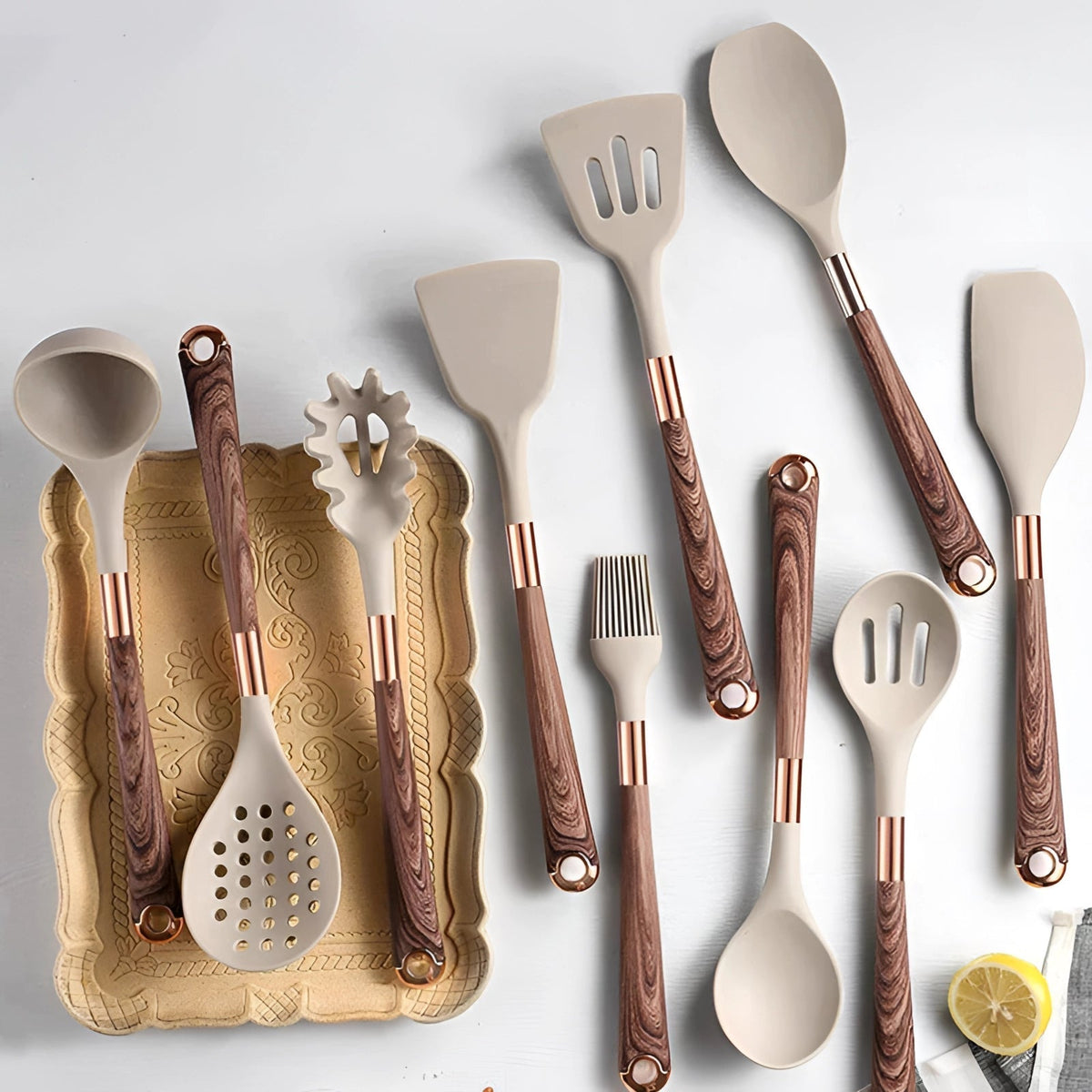 Luxury Kitchen Utensils Set | Silicone Cooking Tools with Copper & Wood Handles | Ergonomic Design for Comfortable Cooking